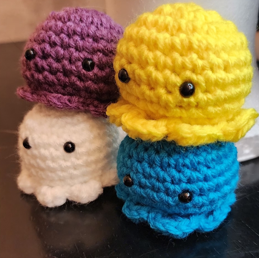 Crocheted Octopus Plush Set - Purple, Yellow, Blue, White - Picture 3 of 3